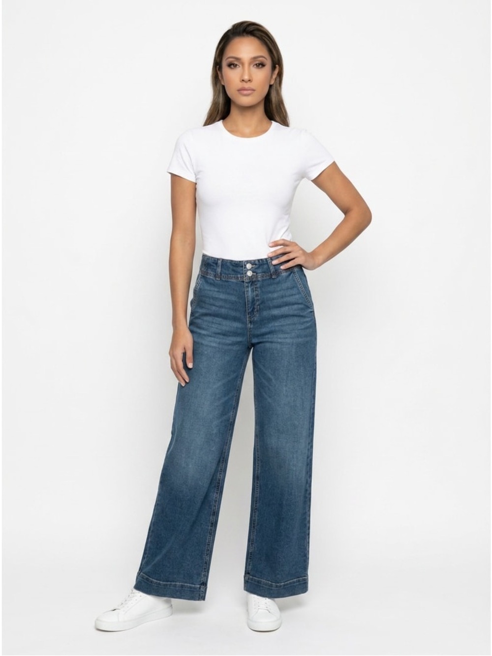 NWT BCBG GENERATION 2 Button Trouser Wide-Leg Jeans Medium Blue Denim Sz 7/28